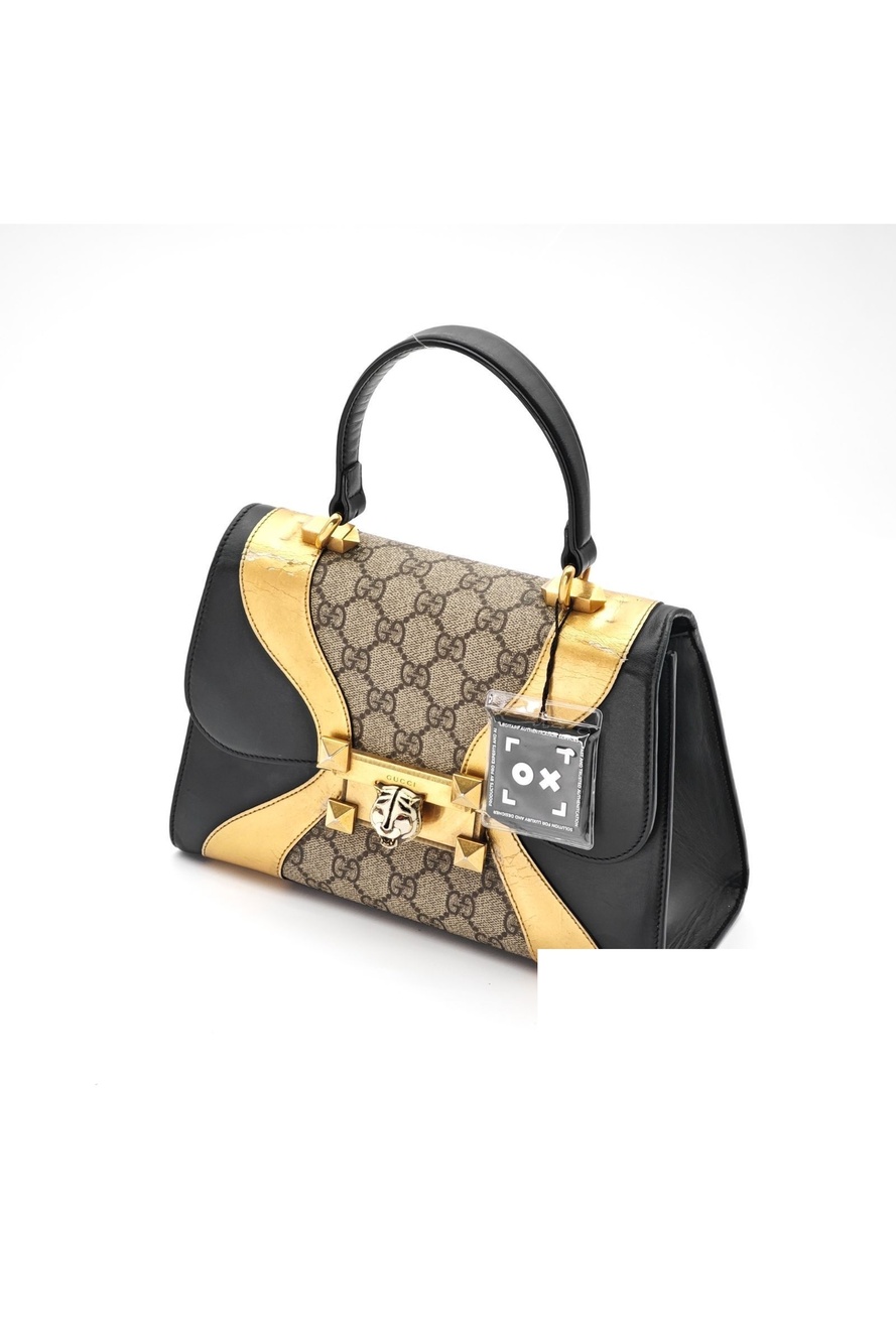 Gucci Tiger Head Handbag Bag Unique Black Gold Beige